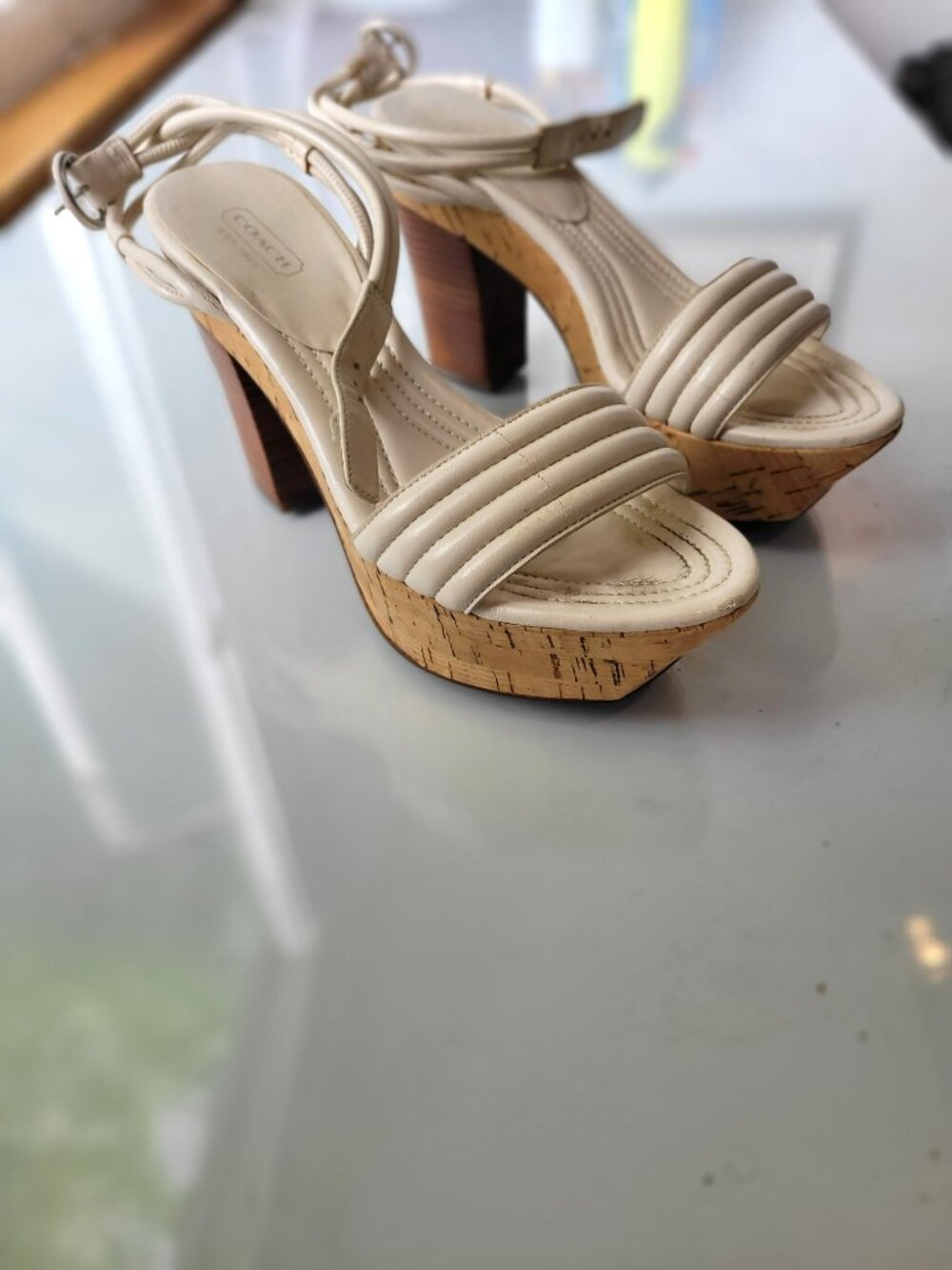 Coach Gallo Ivory Leather Cork Platform Shoes Ankle Strap Size 7.5